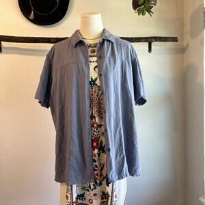 Vintage 90s Blue Textured Silk Button Front Short Sleeve Oversized Shirt Size XL